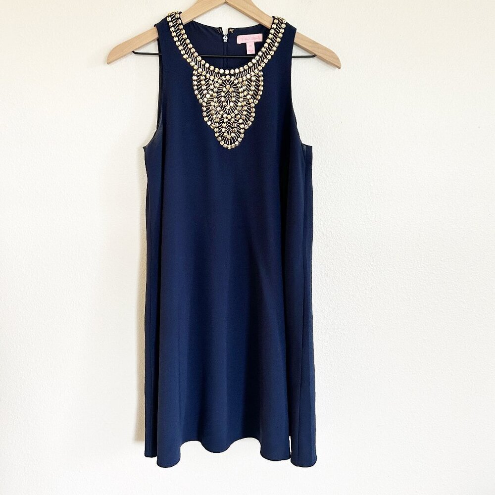 Lilly Pulitzer Dress Women XS Navy Blue Swing Trapeze Shift Embellished Neckline